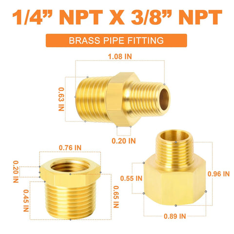 Six Piece Brass Pipe Fittings Set with Hex Bushings and Reducer Adapters Reducing Nipples from Three Eighths NPT to One Quarter NPT