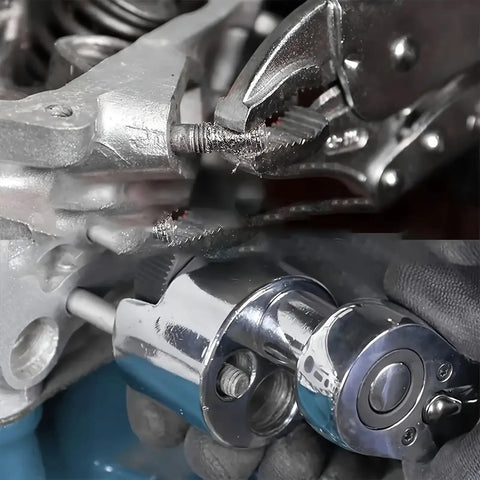 Universal Stud Removal Tool And Bolt Remover For Damaged Wheel Studs And Broken Bolts One Quarter To Three Quarters Inch Size Range (6-19mm) With Reverse Thread No Drill Or Heat Required For Fast Easy Extraction used on metal machinery parts, close-up view.