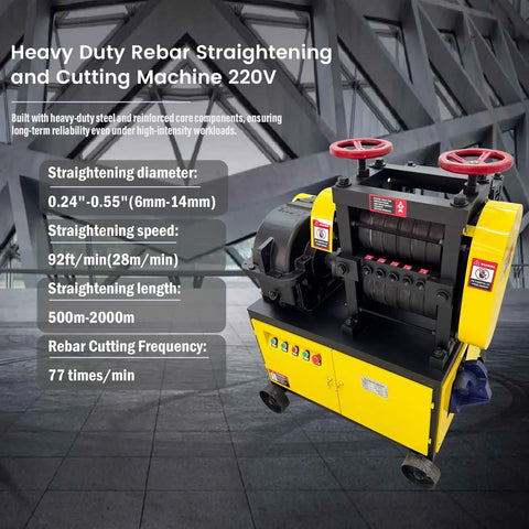 Heavy Duty Rebar Straightening And Cutting Machine for Job Sites displayed indoors, showing control handles and specs on screen.