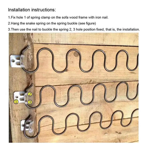 Easy Fix No Sag Spring Clips Furniture Repair Kit 50 Pack showing zigzag spring installation on wood frame with S clips.