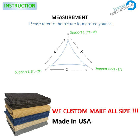 Instructions for Blue Triangular Outdoor Shade Sail Heavy Duty HDPE 180GSM Air Permeable UV Block Canopy measurement and fabric samples