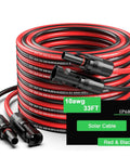 33 Ft Solar Panel Extension Cable with 6mm2 PV Wire, easy hookup male and female connectors, IP68, red and black