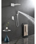Shower System with Waterfall Rainfall and Handheld mounted on a dark wall, featuring a handheld shower and sleek design.
