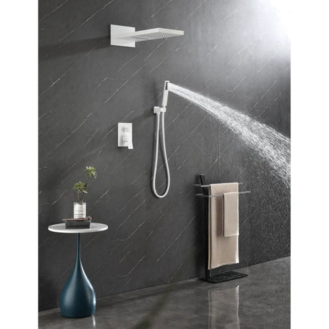 Shower System with Waterfall Rainfall and Handheld mounted on a dark wall, featuring a handheld shower and sleek design.