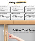 Diagram of Under Cabinet LED Light Strip Kit 16.4Ft Cuttable Warm White 3000K wiring schematic and bulkhead touch sensor installation.
