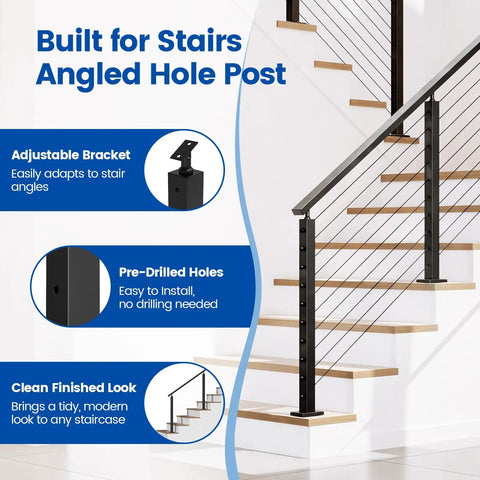 Black Beefy Stair Cable Railing Post 36 Inch For 25 To 35 Degree Stairs with adjustable bracket and pre-drilled holes on staircase.