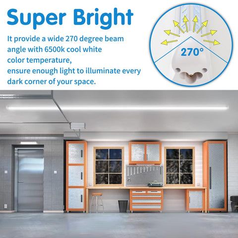 LED Shop Light 2ft 25W 6500K Daylight LED Shop Fixtures, 3200 Lumens installed in a garage, illuminating workbench area.