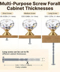 Multi-Purpose Screw For All Cabinet Thicknesses with Clear Faceted Glass Knobs and Gold Alloy Bases, options for different lengths.