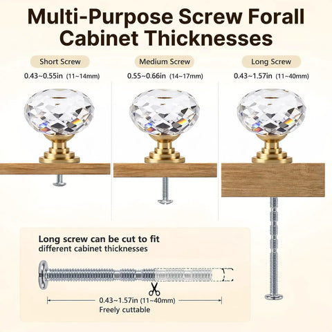Multi-Purpose Screw For All Cabinet Thicknesses with Clear Faceted Glass Knobs and Gold Alloy Bases, options for different lengths.