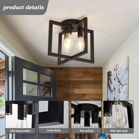 Three Light Dope Industrial Black Ceiling Light Fixture Semi Flush Mount Chandelier shown in a modern hallway setting.