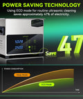 No Fuss One Touch Ultrasonic Cleaner With Heating Feature And Deep Clean Cycle A 3L Tank Eco Savvy Wash Unit showing power-saving technology.