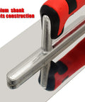 Close-up of Concrete Tools Set With Pro Grade Stainless Steel trowel handle, showing aluminum shank and no-rivets construction.