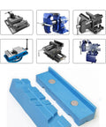 Tough Badass 5 Inch Vise Soft Jaw Pads With Rock Solid Grip Multi Groove Texture Magnetic Polyurethane Vise Inserts For Woodworking Plumbing And Jewelry No Sweat Smooth Fit in blue color with magnetic backing.