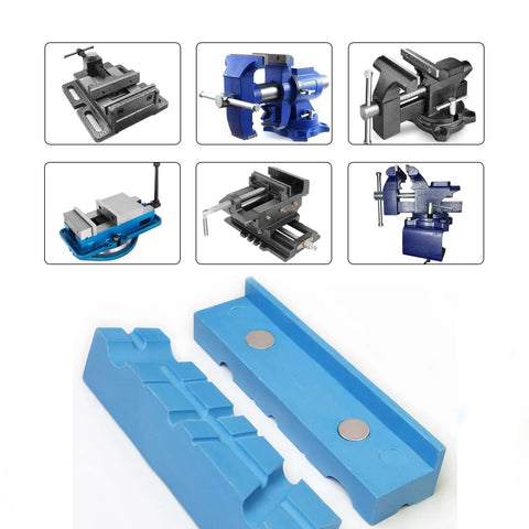 Tough Badass 5 Inch Vise Soft Jaw Pads With Rock Solid Grip Multi Groove Texture Magnetic Polyurethane Vise Inserts For Woodworking Plumbing And Jewelry No Sweat Smooth Fit in blue color with magnetic backing.