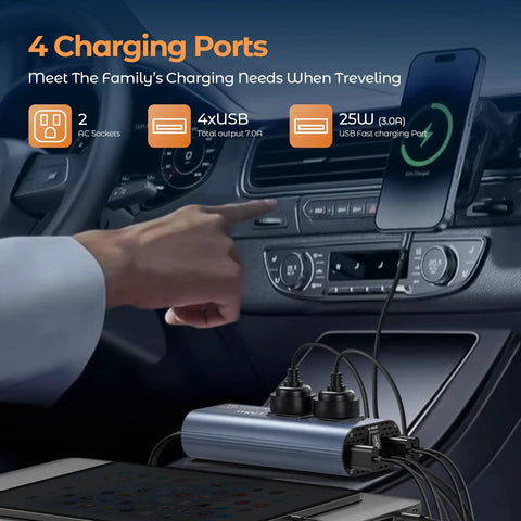 Built Different Heavy Duty 300W Car Power Inverter Converts DC 12 Volt To 110 AC With 4 USB Ports QC3.0 Fast Charging dual AC outlets in car.