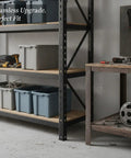 Heavy Duty Vertical Post For Standard Angle Steel Shelving Systems, garage setup showing steel shelves with bins and tools