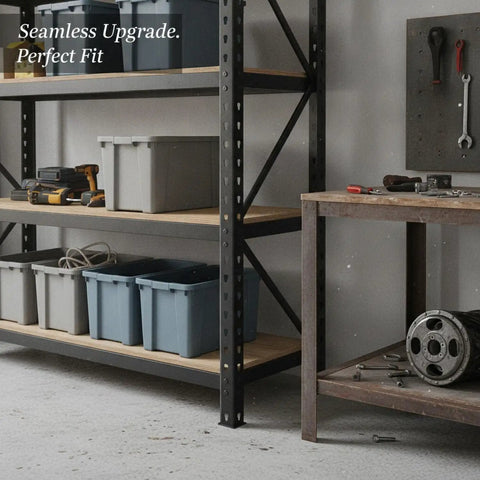 Heavy Duty Vertical Post For Standard Angle Steel Shelving Systems, garage setup showing steel shelves with bins and tools