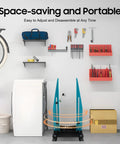 Pro Grade Wheel Truing Stand For Bikes in garage with tools, heavy duty high carbon steel, tabletop wheel alignment tool