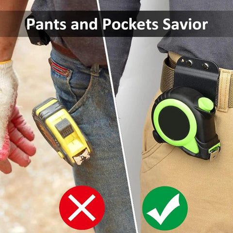 Badass Heavy Duty Tool Hooks For Power Drills And Tape Measures shown securing a tape measure on a work belt.