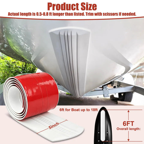 Heavy Duty Boat Keel Guard For Fiberglass And Aluminum Hulls Self Adhesive Strip displayed with dimensions, 6ft length and 5 inch width.