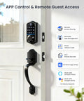 Eight In One Fingerprint Smart Door Lock With Integrated Touchscreen Keypad And Heavy Duty Zinc Alloy Handle Designed For Seamless Keyless Entry Hella Secure Matte Black Edition on a door with touchpad and handle.