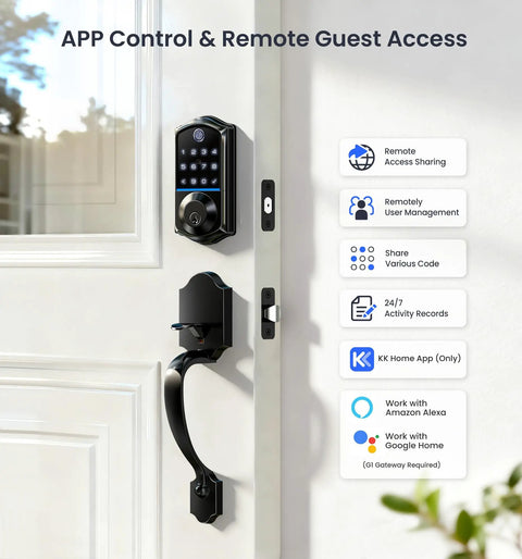 Eight In One Fingerprint Smart Door Lock With Integrated Touchscreen Keypad And Heavy Duty Zinc Alloy Handle Designed For Seamless Keyless Entry Hella Secure Matte Black Edition on a door with touchpad and handle.