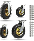 Four Pack Rubber Pneumatic Caster Wheels Featuring Swivel And Fixed Setups with metal brackets and screws for utility carts.