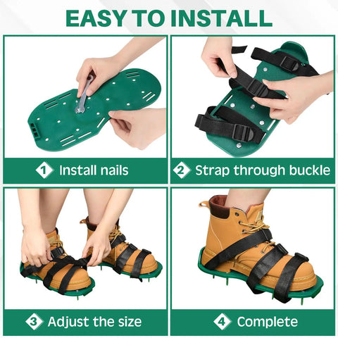 Assembly steps of 2 Pairs Lawn Aerator Shoes With Adaptable Straps Heavy Duty Spiked Sandals One Size For Easy Lawn Aeration.