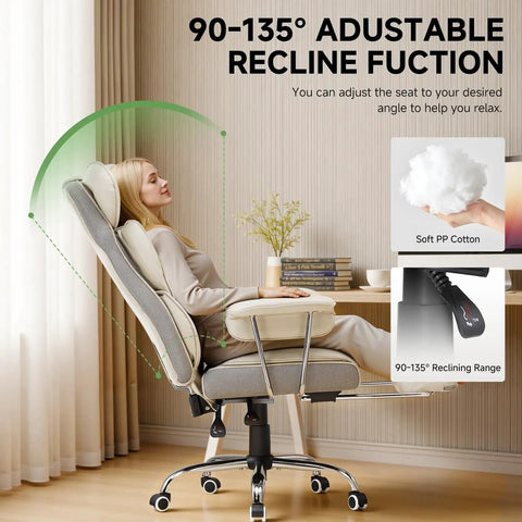 Big And Tall Office Chair With High Back Leather Retractable Footrest And Ergonomic 3D Lumbar Support adjusted to 90-135° recline.