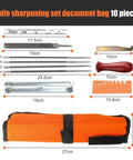 Knife sharpening set with 10 pieces including files, handle, pouch and guide, displayed with measurements.