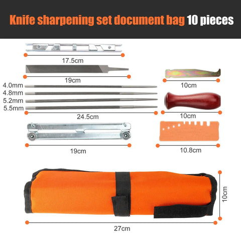 Knife sharpening set with 10 pieces including files, handle, pouch and guide, displayed with measurements.