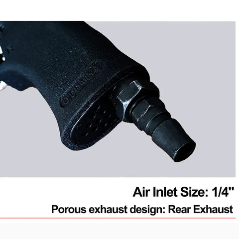 Close-up of Heavy Duty Pneumatic Air Shears Metal Cutter For Steel Sheets Aluminum And Stainless Steel Plate showing 1/4 inch inlet
