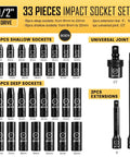 Half Inch Drive Impact Socket Set, 33 Piece Deep And Shallow Metric Socket Set From 8mm To 22mm, Includes 5 Inch And 10 Inch Extension Bars, Universal Joint, pictured with deep and shallow sockets, CRV Steel, ANSI Standards.
