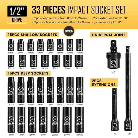 Half Inch Drive Impact Socket Set, 33 Piece Deep And Shallow Metric Socket Set From 8mm To 22mm, Includes 5 Inch And 10 Inch Extension Bars, Universal Joint, pictured with deep and shallow sockets, CRV Steel, ANSI Standards.