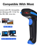 Black and blue 2.4G Wireless 1D Barcode Scanner for Retail and Warehouse with 100ft range, next to compatible devices