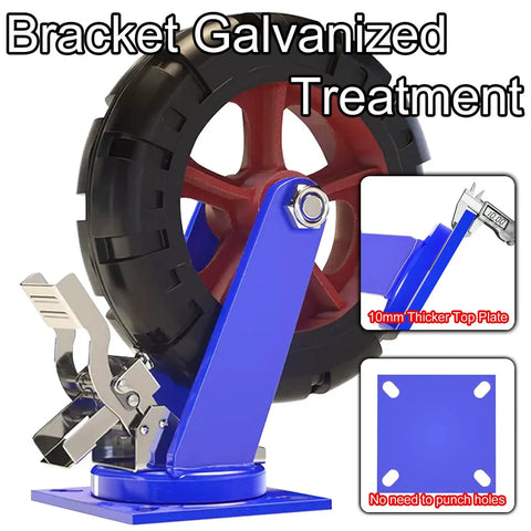 Bulletproof Heavy Duty Rubber Caster Set Of 4 With Dual Locking Brakes displays a caster with a black tire and blue metal bracket.