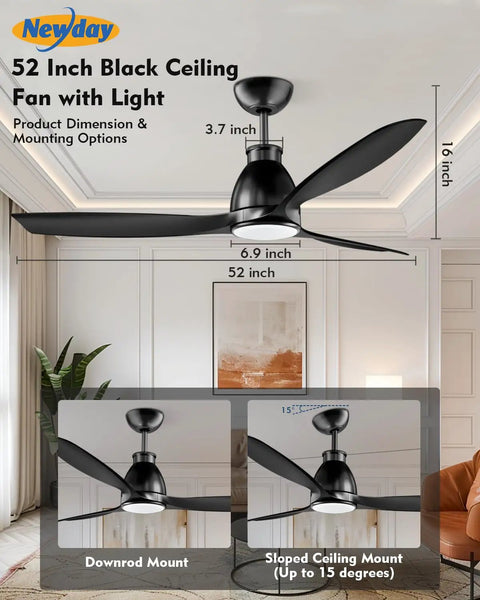 52 Inch Ceiling Fan With Lights And Remote, Black Finish, 3 Blades, shown in living room with mounting options