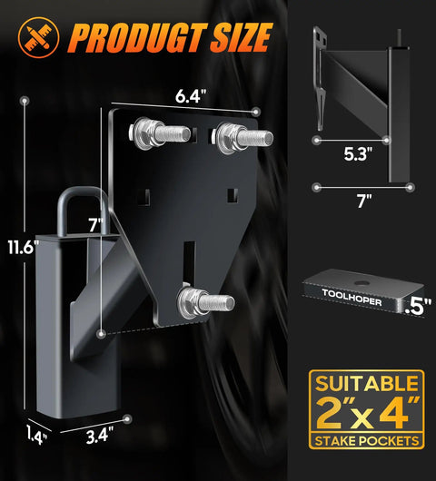 Stake Pocket Spare Tire Mount for Trailers Aftermarket fits 4 to 8 lug trailer wheels, 2x4 stake pockets, product dimensions shown