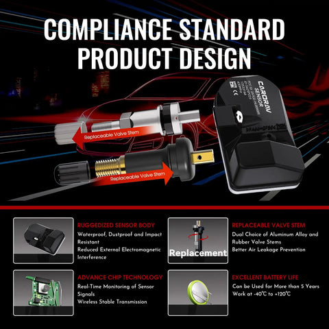 Preprogrammed Tpms Tire Pressure Sensors Fit Gm Trucks And Suvs 433 Mhz Monitoring Kit 4 Pack showcasing rugged design and replaceable stems.