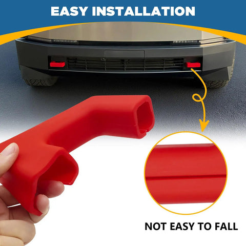 Tesla Cybertruck Tow Hook Covers Red 2 Pack Beefed Up Heavy Duty Trailer Hitch Covers For 2024 2025 Models Protect Front And Rear Hooks From Debris And Impacts Weatherproof And Easy To Install shown on vehicle with insert detail