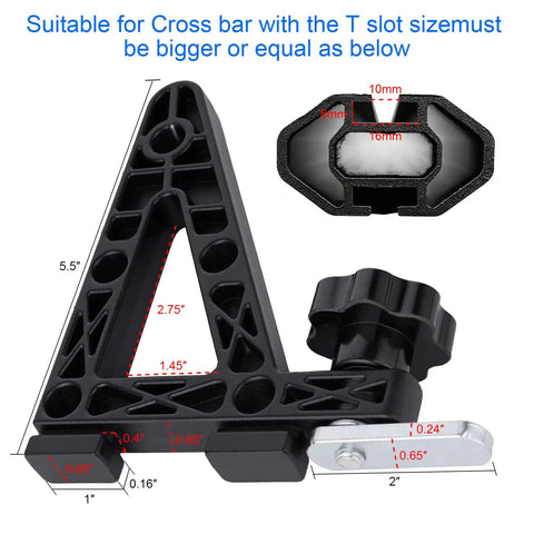 Heavy Duty T Slot Load Stops Lock Your Rig Down Tight On Truck Bed Bars No Sweat Tool Free Install Works Hella Well For Ladders Skis Kayaks Firewood Plus Durable Rust Proof Non Slip Grip, 5.5 inch black aluminum load stop with measurements.