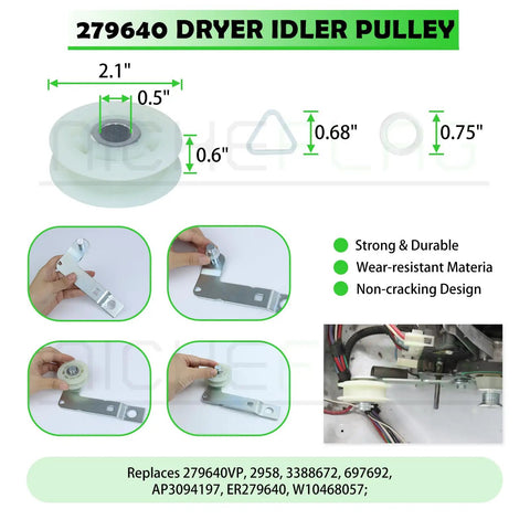 Master Grade Dryer Repair Kit Compatible With Whirlpool And Kenmore Featuring Solid Drum Rollers Idler Pulleys And Heavy Duty Drive Belt Zero Sweat Diy Setup image of 279640 idler pulley with dimensions and installation guide.
