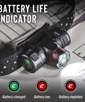 2700 Lumen USB C Rechargeable Headlamp With Twist Focus Beam battery indicator showing charged, low, and depleted statuses