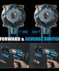 Cordless Half Inch Impact Wrench With 1600 Newton Meters Torque Brushless High Torque Pro Grade Power Tool 21V 3800 RPM Includes Two 4Ah Batteries Great For Cars Trucks RVs And Mowers showing forward and reverse switch functionality.