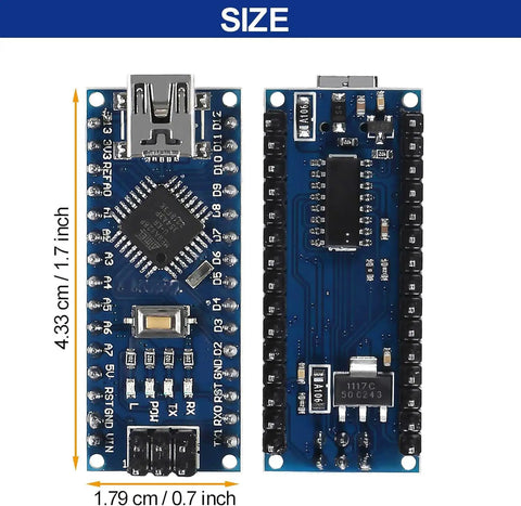 2 Pack Nano V3.0 Mini ATmega328P Arduino Microcontroller Board Kit With USB Cable And Expansion IO Shield, size dimensions highlighted