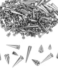 100 Piece Zinc Alloy Spikes And Studs Kit With Screw Back Rivets In Assorted Silver Metallic Finishes For Leather Crafting Shoe Embellishments, arranged silver metallic spikes and studs with screws.