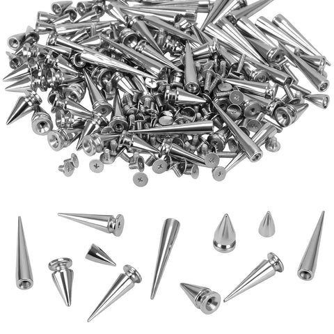 100 Piece Zinc Alloy Spikes And Studs Kit With Screw Back Rivets In Assorted Silver Metallic Finishes For Leather Crafting Shoe Embellishments, arranged silver metallic spikes and studs with screws.