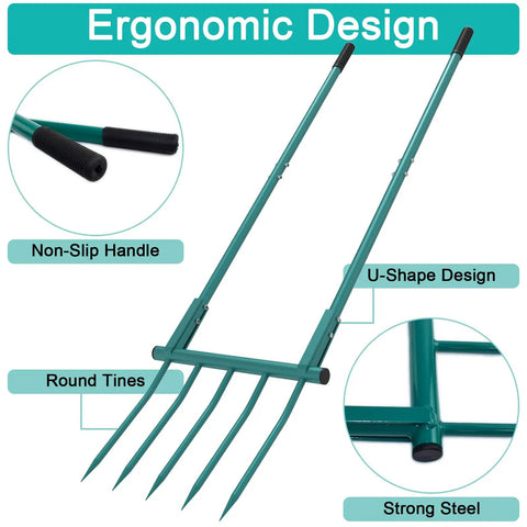 Heavy Duty 5 Tines Broad Fork Garden Tool, 55 Inch Long U Shaped Hand Tiller, ergonomic design with non-slip handle