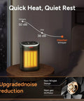 Compact 1500W Ceramic Space Heater for Desk and Home Use on table showing quiet operation compared to other noises.