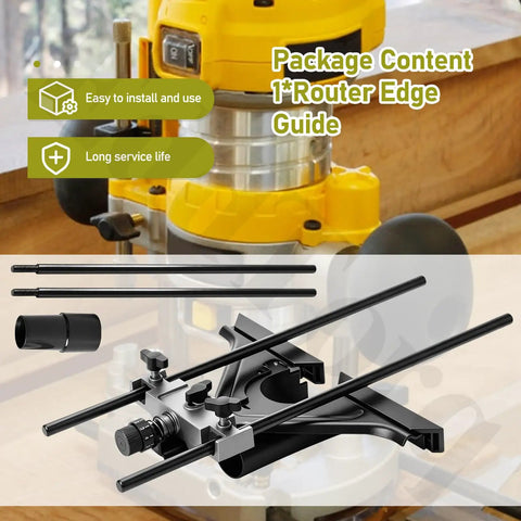 Rock Solid Router Edge Guide Replacement Knockout Precision Control Fits DeWalt Dwp611 And Ryobi Re180Pl1g, black metal guide with rods.